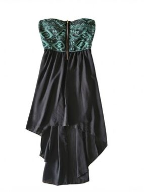 Boho Strapless High-Low Dress with Teal Aztec Print